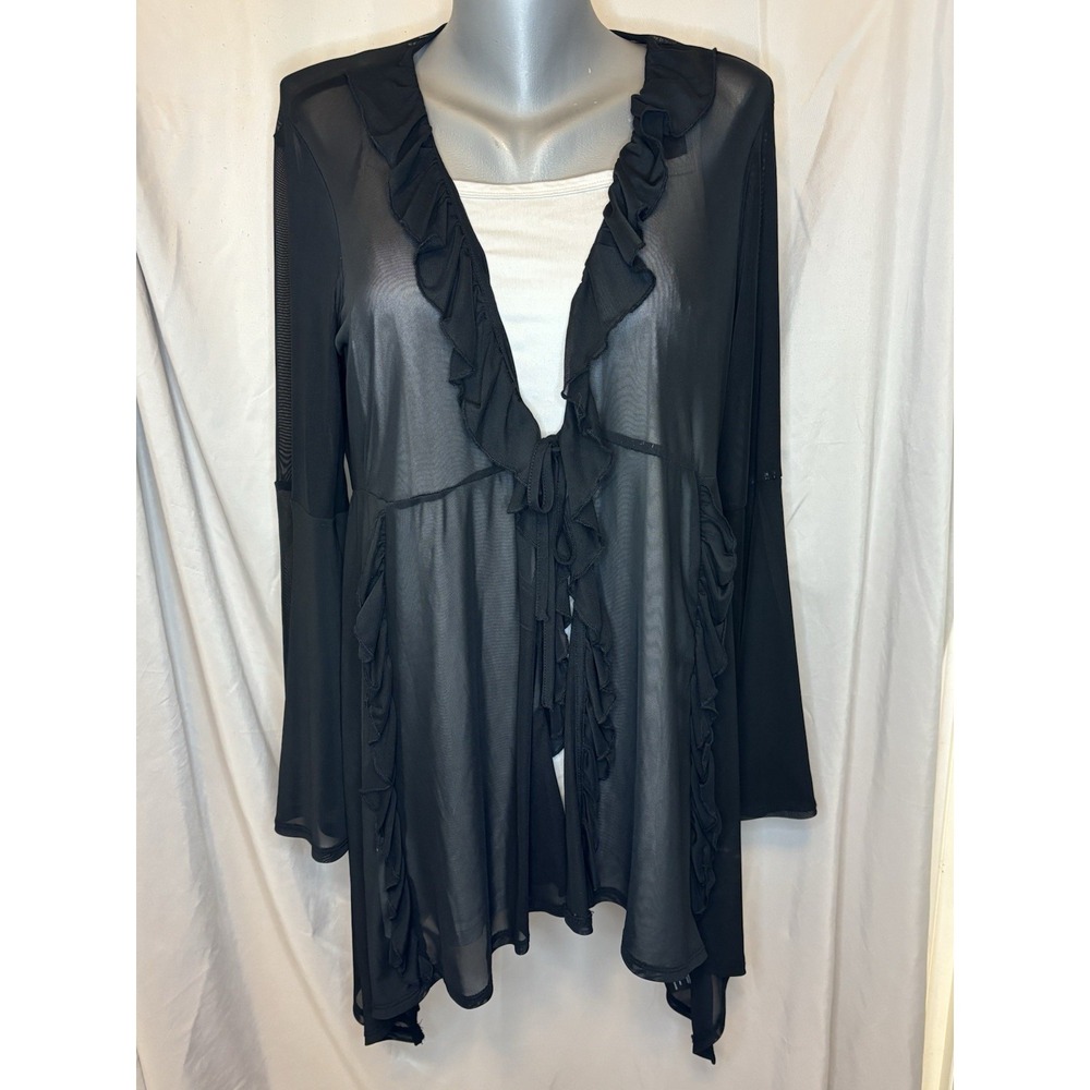 Women's Sheer Kimono Cover Up Black Sz 1X Front Tie Bell Sleeves NWT Fairy